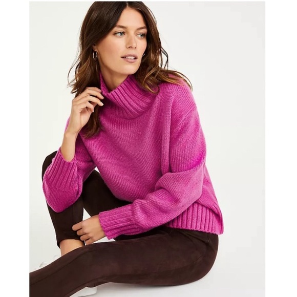 Ann Taylor Ribbed Knit Turtleneck Relaxed Pullover Boxy Wool Sweater Magenta XS - Picture 1 of 8